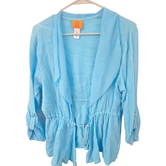 Ruby Rd. Light Blue Gauzy Cardigan W/ Drawstring At Waist & Tab Sleeves, Size XL - Picture 1 of 5